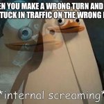 An Epic Fail/Big Mistake for Drivers | WHEN YOU MAKE A WRONG TURN AND YOU GET STUCK IN TRAFFIC ON THE WRONG ROAD | image tagged in private internal screaming,driving,traffic,relatable,road rage,fails | made w/ Imgflip meme maker