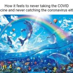 COVID | How it feels to never taking the COVID vaccine and never catching the coronavirus either: | image tagged in happy dolphin rainbow,covid,coronavirus,vaccine,memes,blank white template | made w/ Imgflip meme maker