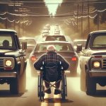 Old man on highway in wheelchair