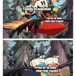 Homework described by the cuphead show | HAVING NO HOMEWORK; YOU GET AN EMAIL FROM YOUR TEACHER; YOU GET AN EMAIL FROM YOUR TEACHER | image tagged in cuphead and mugman get hit by a tree | made w/ Imgflip meme maker