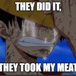 Luffy Crying | THEY DID IT, THEY TOOK MY MEAT | image tagged in luffy crying | made w/ Imgflip meme maker