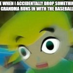 GRANDMA NO! | ME WHEN I ACCIDENTALLY DROP SOMETHING AND GRANDMA RUNS IN WITH THE BASEBALL BAT | image tagged in panicking link,memes,granny | made w/ Imgflip meme maker