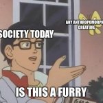 Society today #1 | ANY ANTHROPOMORPHIC CREATURE; SOCIETY TODAY; IS THIS A FURRY | image tagged in memes,is this a pigeon | made w/ Imgflip meme maker