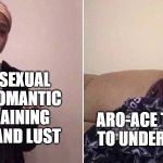 Asexual explaining love to aroace | AN ASEXUAL GAY ROMANTIC EXPLAINING LOVE AND LUST; ARO-ACE TRYING TO UNDERSTAND | image tagged in me explaining to my mom | made w/ Imgflip meme maker