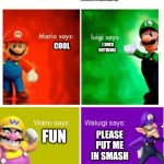 Mario Broz. Misc Views. | NINTENDO; COOL; ( DOES NOTHING); PLEASE PUT ME IN SMASH; FUN | image tagged in mario broz misc views | made w/ Imgflip meme maker