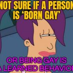 The 'Born Gay' or 'Gay Gene' Myth | NOT SURE IF A PERSON
IS ‘BORN GAY’; OR BEING GAY IS
A LEARNED BEHAVIOR | image tagged in memes,futurama leela,gay pride,gay,homosexuality,equal rights | made w/ Imgflip meme maker