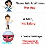 The free admin incident | A Dandy’s World Player, What Happened On November 15th, 2024 | image tagged in never ask a woman her age | made w/ Imgflip meme maker