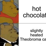 I love me some slightly headed Theobroma cacao | hot chocolate; slightly heated Theobroma cacao | image tagged in memes,tuxedo winnie the pooh,chocolate,cocoa,hot chocolate | made w/ Imgflip meme maker