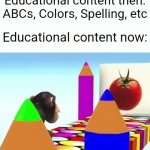 Peak media. | Educational content then: ABCs, Colors, Spelling, etc; Educational content now: | image tagged in gifs,memes,funny,relatable,educational | made w/ Imgflip video-to-gif maker