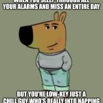 No stresso"\/(o_O)\/" | WHEN YOU SLEEP THROUGH ALL YOUR ALARMS AND MISS AN ENTIRE DAY; BUT YOU'RE LOW-KEY JUST A CHILL GUY WHO'S REALLY INTO NAPPING | image tagged in low key just a chill guy,ai meme,ai generated | made w/ Imgflip meme maker