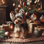 cute yorkie with christmas tree