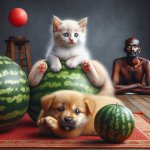 Cuten kitten sitting on a puppy, watermelon, red circle , shocke