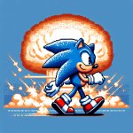 Sonic walking away quitley with a smile from a explosion