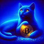 blue color cat holding bitcoin