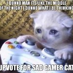 sad gamer cat | I DUNNO MAN ITS LIKE THE MIDDLE OF THE NIGHT I DUNNO WHAT I BE THINKING; UPVOTE FOR SAD GAMER CAT | image tagged in sad gaming cat,memes,unfunny | made w/ Imgflip meme maker