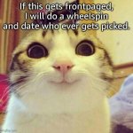 d | If this gets frontpaged, I will do a wheelspin and date who ever gets picked. | image tagged in memes,smiling cat,del,date,wheel,luck | made w/ Imgflip meme maker