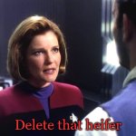 Janeway Delete The Wife | Delete that heifer | image tagged in janeway delete the wife,star trek,star trek voyager,voyager,janeway | made w/ Imgflip meme maker