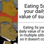 Tuxedo Winnie The Pooh | Eating 5x your daily value of sugar; Eating 5x your daily value of sugar in multiple sittings so it doesn't count | image tagged in memes,tuxedo winnie the pooh | made w/ Imgflip meme maker