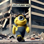 Mike nevergoon minion walking away from destroyed anti-furry HQ