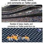 Slow recognition | Number of views, hearts, and comments on Twitter posts; Number of views, hearts, and comments on Twitter posts from me | image tagged in large crowd small crowd,memes,funny,twitter,relatable | made w/ Imgflip meme maker