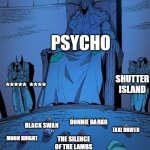 Statue of god | PSYCHO; SHUTTER ISLAND; ***** ****; BLACK SWAN; DONNIE DARKO; TAXI DRIVER; THE SILENCE OF THE LAMBS; MOON KNIGHT; AMERICAN PSYCHO; JOKER | image tagged in statue of god | made w/ Imgflip meme maker