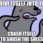 Drive Itself into Yes,Crash Itself into Shush the Sheesh! | DRIVE ITSELF INTO YES; CRASH ITSELF INTO SHUSH THE SHEESH! | image tagged in memes,homophobic seal,meme,davemadson,shush the sheesh,car | made w/ Imgflip meme maker