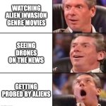 Alien Invasion (Levels of Interest) | WATCHING ALIEN INVASION GENRE MOVIES; SEEING DRONES ON THE NEWS; GETTING PROBED BY ALIENS | image tagged in funny,memes,vince mcmahon,reactions | made w/ Imgflip meme maker