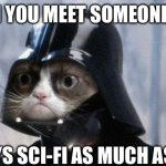 Grumpy Cat Star Wars Meme | WHEN YOU MEET SOMEONE WHO; ENJOYS SCI-FI AS MUCH AS YOU | image tagged in memes,grumpy cat star wars,grumpy cat | made w/ Imgflip meme maker