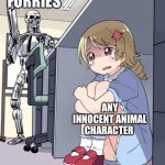 Omg the furries SKIBIDI WALDO MEME | FURRIES; ANY INNOCENT ANIMAL CHARACTER | image tagged in anime girl hiding from terminator,furry,anti furry,waldo | made w/ Imgflip meme maker