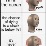 beach thoughts | i'm in the ocean; the chance of dying to a shark is below %1; it's never zero though | image tagged in memes,panik kalm panik | made w/ Imgflip meme maker