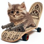 kitten riding skate board while holding dual pistols