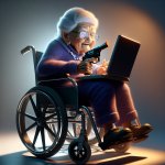 old mexican grandma on a wheelchair, using a computer, wielding