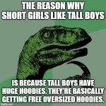 It all makes sense now | THE REASON WHY SHORT GIRLS LIKE TALL BOYS; IS BECAUSE TALL BOYS HAVE HUGE HOODIES. THEY'RE BASICALLY GETTING FREE OVERSIZED HOODIES. | image tagged in memes,philosoraptor,shower thoughts | made w/ Imgflip meme maker