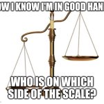 Is It Always Balanced? | HOW I KNOW I'M IN GOOD HANDS; WHO IS ON WHICH SIDE OF THE SCALE? | image tagged in i guarantee it | made w/ Imgflip meme maker