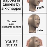 Me, hostaged by someone, placed in tunnels. Time later, me: hallucinating about pink elephants dancing be like 2 | You're trapped in tunnels by a kidnapper; You see pink elephants dancing; YOU'RE NOT AT THE CIRCUS | image tagged in memes,panik kalm panik | made w/ Imgflip meme maker