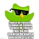 Your Choice, don't miss a lesson | FINNISH OR FINISHED; GERMAN OR BURNIN; FRENCH OR TRENCH; THAI OR DIE; SPANISH OR VANISH; KOREAN OR GET EATEN | image tagged in things duolingo teaches you | made w/ Imgflip meme maker