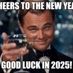 Leonardo Dicaprio Cheers | CHEERS TO THE NEW YEAR; GOOD LUCK IN 2025! | image tagged in memes,leonardo dicaprio cheers | made w/ Imgflip meme maker