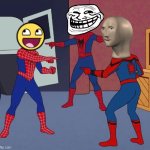 Memes pointing at each other | image tagged in spider man triple | made w/ Imgflip meme maker