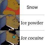 Snow | Snow; Ice powder; Ice cocaine | image tagged in tuxedo winnie the pooh 3 panel,snow,ice,powder,memes,blank white template | made w/ Imgflip meme maker