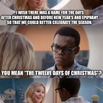 The Good Place: The 12 Days of Christmas | I WISH THERE WAS A NAME FOR THE DAYS AFTER CHRISTMAS AND BEFORE NEW YEAR’S AND EPIPHANY, SO THAT WE COULD BETTER CELEBRATE THE SEASON. YOU MEAN “THE TWELVE DAYS OF CHRISTMAS”? NO! YOU’RE NOT GETTING IT AND MY THING IS DIFFERENT, SO SHUT UP! | image tagged in no you're not getting it and my thing is different so shut up | made w/ Imgflip meme maker