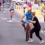 Idiot runs in front of cyclist