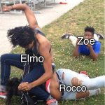 Zoe is a terrible girlfriend dumping elmo for a rock | Zoe; Elmo; Rocco | image tagged in guy recording a fight,elmo,sesame street,poopy pants,dead memes,barney will eat all of your delectable biscuits | made w/ Imgflip meme maker