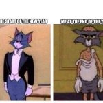 Tom Cat | ME AT THE START OF THE NEW YEAR; ME AT THE END OF THE YEAR | image tagged in tom cat | made w/ Imgflip meme maker