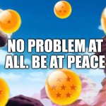 Dragon Ball Title card | NO PROBLEM AT ALL. BE AT PEACE | image tagged in dragon ball title card,meme,quote,quotes,peace,quiet | made w/ Imgflip meme maker