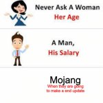 Never ask a woman her age | Mojang; When they are going to make a end update | image tagged in never ask a woman her age | made w/ Imgflip meme maker