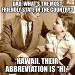 Father and Son | DAD, WHAT’S THE MOST FRIENDLY STATE IN THE COUNTRY? HAWAII. THEIR ABBREVIATION IS “HI.” | image tagged in father and son | made w/ Imgflip meme maker