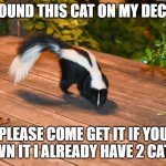 lost cat | FOUND THIS CAT ON MY DECK; PLEASE COME GET IT IF YOU OWN IT I ALREADY HAVE 2 CATS | image tagged in lost cat | made w/ Imgflip meme maker