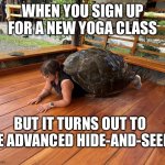 Tortuela | WHEN YOU SIGN UP FOR A NEW YOGA CLASS; BUT IT TURNS OUT TO BE ADVANCED HIDE-AND-SEEK | image tagged in tortuela | made w/ Imgflip meme maker