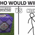 :| | REPEATING COMAND BLOCK ACTIVATED SET TO /KILL @E; V.S; ME IN JAVA | image tagged in memes,who would win | made w/ Imgflip meme maker