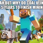 IT NEVER ENDS | NAH BUT WHY DO COAL VEINS TAKE 5 YEARS TO FINISH MINING 😭 | image tagged in minecraft | made w/ Imgflip meme maker